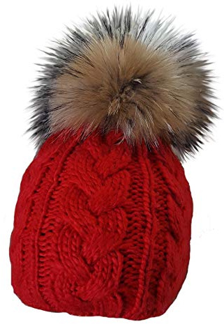 MERRYLAND Mütze Rot Echtfellbommel Pudelmütze ECHTFELL Bommelmütze Red Hat Real Fur Handmade Fellbommel Echt Fell Strickmütze Bommel Pelzbommel Waschbär Raccoon Pelz