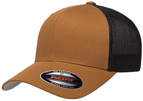 Flexfit Unisex^Herren Mesh Fitted Cap – Zweifarbig Trucker-Mütze, Karamell/Schwarz, Einheitsgröße
