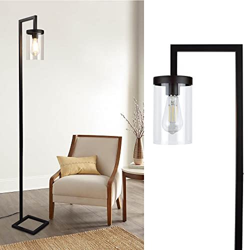 Depuley Industrial Floor Lamp, Modern Metal Standing Lamp with Hanging Glass Shade, Eye Protection Reading Standing Lamp for Living Room Bedroom Office, 6W LED E27 Bulb Included, Black