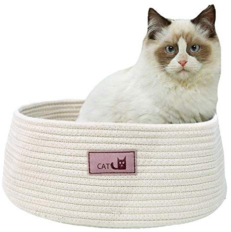 PJDDP Katzenbett Rund Haustierbett Katzenbettchen Katzenkörbchen Katzennest Katzenkorb,Bequemes Hand Stricken Baumwolle Sommer Katzenbettchen Katze Kratzen Waschbar Modern Kratzbrett,Beige
