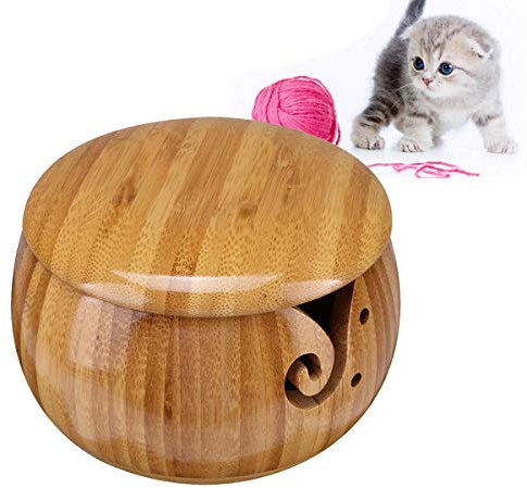 RoseFlower 5.12 Cuenco de Hilo de Madera con Tapa para Tejer y Hacer Ganchillo - Echo a Mano Soporte de Lana Organizador de Cuenco de Almacenamiento de Lana con Agujeros tallados y taladros