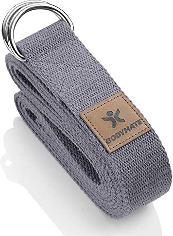 BODYMATE Yogagurt mit Verschluss aus Metall, Yoga-Band für Anfänger und Fortgeschrittene, Yoga-Schlaufe aus 100% Baumwolle, Yoga-Strap 250cm lang und 3,8 cm breit, Cool Grey