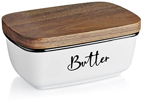Butter Dish with Lid, ALELION Large Ceramic Butter Dish for Countertop, Butter Keeper with Thick Acacia Wood Lid, Kitchen Decor and Accessories for Kitchen Gifts, White