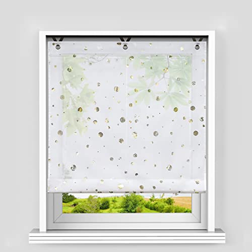 Heichkell Raffrollo mit Ösen Voile Moderne Raffgardine ohne Bohren Kleinfenster Gardine Küche Glänzende Kreise-Dekomuster Gold BxH 120x130 cm