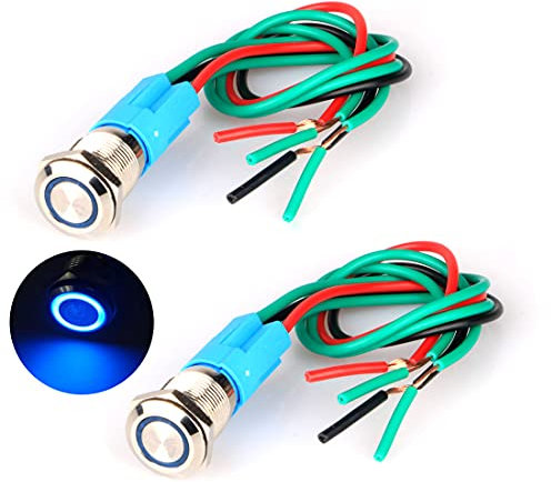 GUUZI 2 Piezas 220V-230V/3A Botón Pulsador Momentáneo Carcasa de Acero Inoxidable Impermeable Anillo LED Botón Iluminado con Enchufe de Cable Adecuado para Orificio de Montaje de 12mm (Azul)