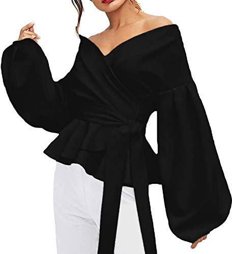 Hemd Für Damen Urlaub Leicht Lauschig Hemdbluse V-Ausschnitt Kalte Schulter Ärmel Oberteile Damenen Polyester Schlichtee Gürtel Anliegend Long Herbst