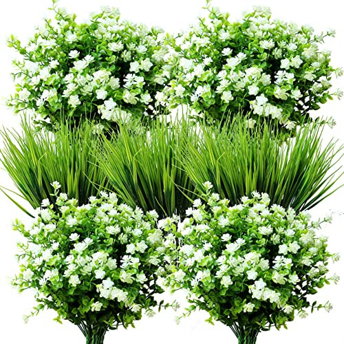YXYQR 14pcs Artificial Flowers Outdoor UV Resistant Bulk Fake Plastic Plants Outside Indoor Hanging Baskets Faux Greenery Shrubs Arrangement for Pots Vase Porch Window Box Patio Decoration (White)