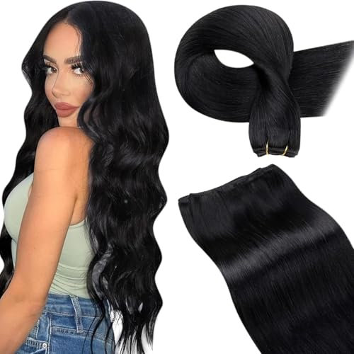 LaaVoo Tressen Echthaar Extensions zum Einnähen Schwarz Unsichtbar Sew in Extensions Echthaar Schwarz #1 Remy Haarverlängerungen Echthar Haartressen Glatt 100g 45cm