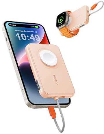 VEGER Mini Power Bank 20 W PD, 5000 mAh Powerbank con cable Apple integrado, con carga Apple Watch, 1 x USB-C, batería externa para teléfono móvil, pantalla LED compatible con iPhone, Apple Watch