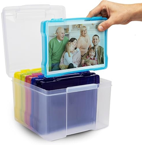 HEFTMAN 5 x 7 Rainbow Photo Storage Boxes - Clear Plastic Seed Storage Box Organiser with 6 Inner Photo Cases, Holds up to 600 Photos, Greeting Card Organiser for Office Supplies, Cables, Stickers