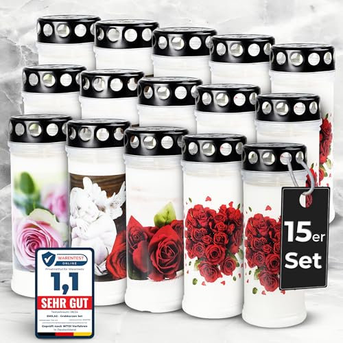 15er Set EMILAS GRABKERZEN 7 Tage Brenndauer – Trauerkerzen für ein stilvolles Grabdeko – Grabschmuck mit 4 Motiven – Grablichter mit Deckel – Friedhofskerze für Ruhestätten