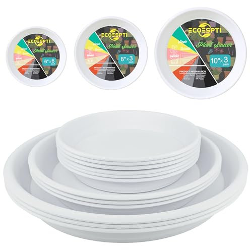 ECOESPTI Lot de 12 soucoupes colorées en plastique durable de 15,2 cm, 20,3 cm, 25,4 cm, soucoupes rondes pour pot de fleurs, plateau d'égouttement pour intérieur et extérieur, blanc