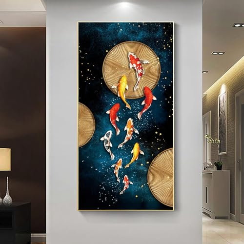 AWKFHF Leinwandgemälde Goldfisch Koi-Fische Feng Shui Bild Karpfen Lotusteich Nordisches Luxus Bilder Leinwand Malerei Poster Kunstdruck Wohnzimmer Schlafzimmer Wand Deko (40X80CM,ohne Rahmen)