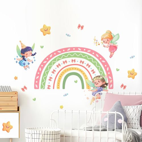 Tanlaby Regenbogen Fee Wandaufkleber Elfe Sterne Wandsticker Wandtattoo zum Abziehen und Aufkleben für Mädchen Schlafzimmer Babyzimmer Kinderzimmer Wanddeko