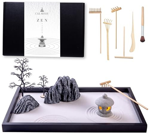 Illuminated Zen Garden for Desk, Sand Tray Therapy Kit with Glowing Stone Lantern, Zen Sand Garden for Desk, Garden Meditation, Japanese Zen Garden Kit, Stress Relief Gifts, Desk Decoration.