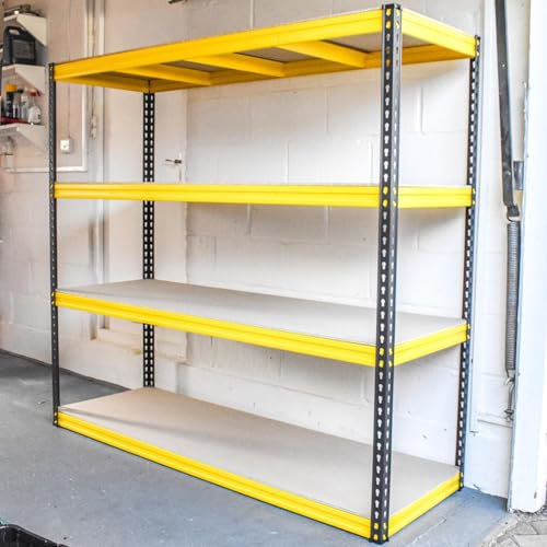Trade Master Pro® Heavy Duty Garage Shelving | 400kg Per Shelf | 1600kg Per Bay | 4 Tier Storage Shelves | 168cm x 180cm x 61cm | Black & Yellow | Shed Racking