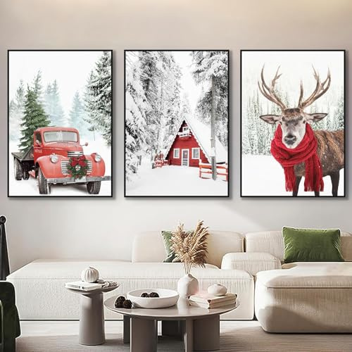 champracer 3er Poster Set, Premium Wandbilder Winter Bilder, Elch, Holzhaus, Wald Wandkunst Wandbilder Modern Wanddeko für Weihnachten Deko Ohne Rahmen (50x70 cm)