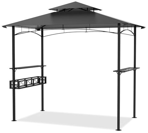 FIVMEN Grillpavillon 244x138x250 cm BBQ Grill Pavillon Gartenpavillon mit Bartresen und Doppelschichtdach Gartenlauben Gartenzelt Partyzelt UV-Schutz, Grau