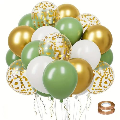 ENLACE 60 Stück Luftballons Grün Weiß Gold, Retro Salbei Luftballons Set, Olive Grün Latex Ballons mit 2 Rollen Goldener Band, für Hochzeit Taufe Deko Geburtstag Party Dekoration