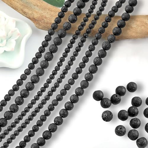 Schwarze Lavaperlen 420pcs Naturstein Perlen Glücks Runde Steinperlen Lavastein Vulkanstein Lava Perlen zum Auffädeln mit Loch für Armbänder Ketten DIY Schmuck Basteln (4mm 6mm 8mm mix)