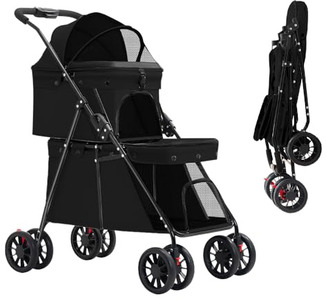 VIIROUD - Passeggino a Doppio Strato per Cani e Gatti, Carrozzina Pieghevole per Animali a Quattro Ruote/Landau Jogger/Passeggino Buggy - 67 * 50 * 95 cm - Nero