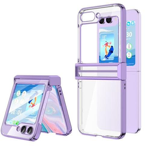 Compatible with Samsung Galaxy Z Flip 5 Case with Hinge Protection,Ultra Slim Crystal Case Clear Plating Protective Cover for Z Flip 5 (Clear Purple)