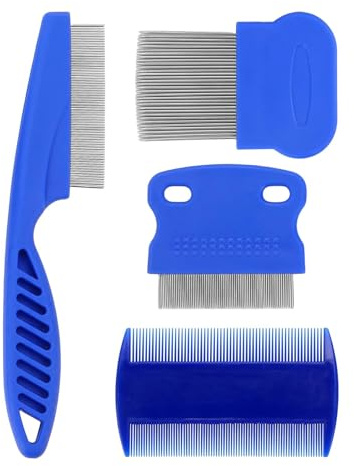 4 Pack Flea and Lice Comb Set, Stainless Steel Dog and Cat Grooming Combs with Rounded Teeth, Double-Sided Fine Tooth Comb and Tear Stain Remover for Long and Short Haired Pets