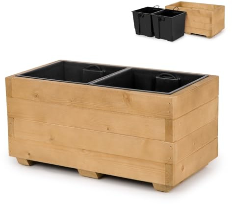 alfalux Blumentopf Holz - Pflanzkübel Übertopf Blumenkasten - mit Zwei Kunststoffeinsätzen Herausnehmbar - 62 x 33 x 32 cm - Eiche 62KAN3332EI