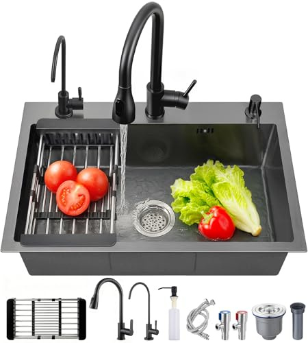 Fregadero cocina 1 seno multifuncional de acero inoxidable con grifo extraíble, dispensador de jabón, grifo purificador de agua y accesorios (Negro y gris, 80 X 50 cm)