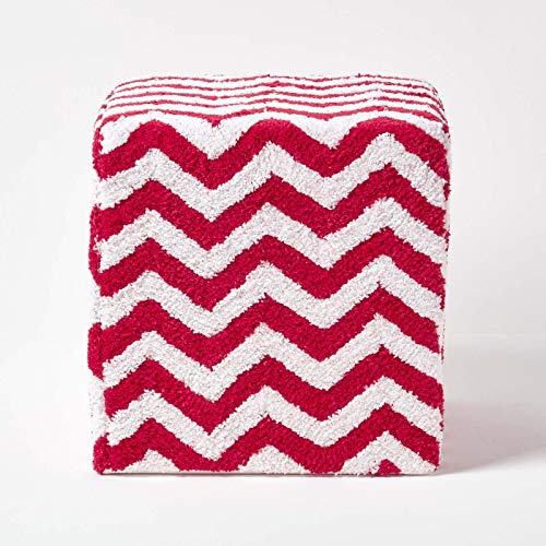 HOMESCAPES Tufted Cotton Pouffe, Stylish Cube Foot Stool, Red & White Chevron Pattern, Pouffes For Living Room, Bedroom Home Decor, 36 x 36 x 38 cm