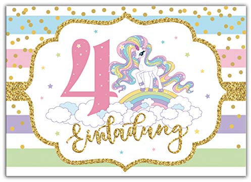 Junaversum 12 Einladungskarten zum 4. Kindergeburtstag Mädchen Einhorn Regenbogen Einladungen vierte Geburtstag