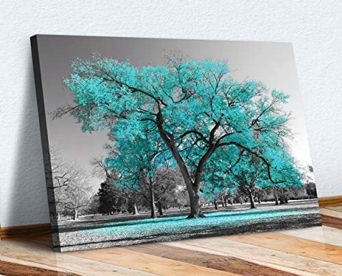 Large Tree Turquoise Teal Leaves Black White Canvas Wall Art Picture Print (36in x 24in / 91cm x 60cm)