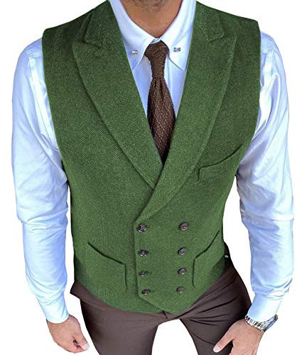 Solove-Suit - Gilet da uomo vintage a spina di pesce, a due file, slim fit, per matrimoni verde M