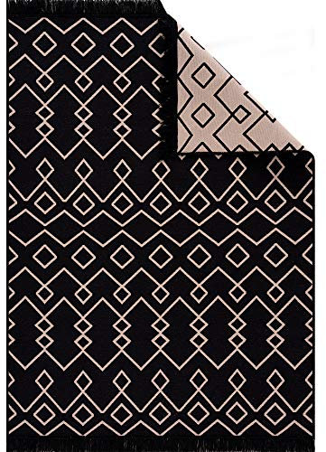 Fashion4Home Teppich Läufer - Tepiche für Wohnzimmer, Schlafzimmer, Küche, Kinderzimmer, Badezimmer - Boho Kelim - Läufer Flur, Schwarz-Beige, Größe: 80x150 cm