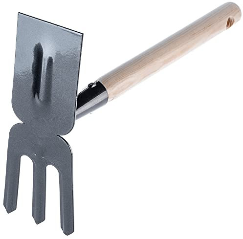 KADAX Kleine Hacke aus Metall, Gartenhacke mit kurzem Stiel, doppelte Hacke, Häckchen, robuste Kombihacke zum Jäten von Unkraut (3 Zinken, Rechteck, Mit Holzstiel)
