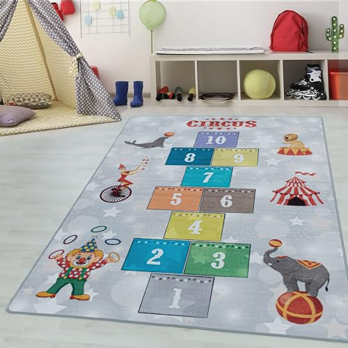 Kinderteppiche für Kinder Zirkus mit Hüpfkästchen Design Zirkus Clown Löwe Spielteppich Waschbar Jungen & Mädchen Teppich für Kinderzimmer Babyzimmer Teppich Farbe: Grau, Grösse: 120 x 170 cm