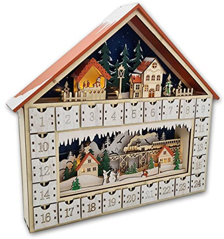 Wichtelstube-Kollektion XXL LED Adventskalender Weihnachtsdorf Holz zum befüllen, wiederverwendbar XL-Fächer, LED Beleuchtung Batteriebetrieben inkl Timer ca. 50 x 45cm
