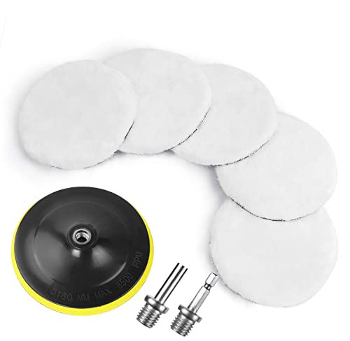 URAQT Kit 8 Pezzi di Lucidatura Auto, 180mm Tamponi per Lucidatura Auto, Tamponi Lucidatura Lana con M14 Adattatore Trapano e Adattatore Esagonale, Disco per Lucidatura Auto per Pulizia e Lucidatura.