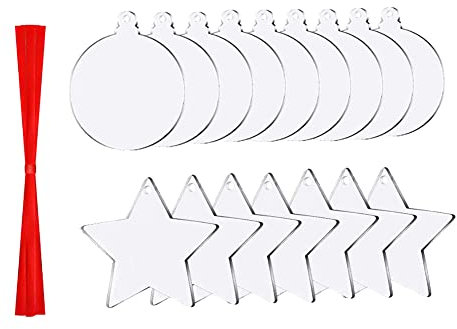 20 Stück Acryl Weihnachtsrohling Set Transparent Scheiben DIY Schlüsselanhänger Rohlinge Weihnachtsbaum Hänge Deko Geschenkanhänger Stern Ball