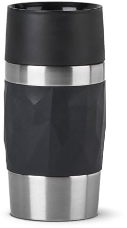 Tefal Mug isotherme noir 0,3 L, Isolation double paroi, Maintien boissons chaudes 3h, Fraîches 6h, Acier inoxydable, Revêtement silicone, Travel Mug Compact N2160110