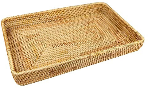 Bandeja de Servicio de Ratán, Bandeja Tejida Rectangular Cesta de Mimbre Tejida a Mano Bandeja Organizadora Bandeja de Ratán Organización de Mesa Cesta de Almacenamiento de (L)