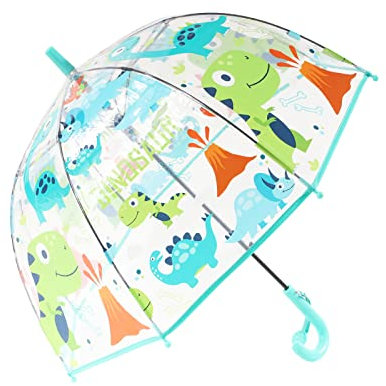Meichoon Kinder Regenschirm mit langem Griff Cartoon Dinosaurier-Muster Bogen 70cm/27in Dome 8 Umbrella Bones Windproof Anti-Fall Ein Knopf zu öffnen für 3-8 Jahre alte Kinder Blau