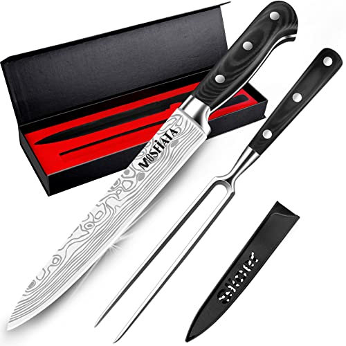 MOSFiATA 8 Carving Knife and 7 Fork Set, Premium Sharp Brisket Slicing Knife, German High Carbon Stainless Steel EN.4116 Meat Cutting Kitchen Knife BBQ Knives for Slicing Meats with Gift Box