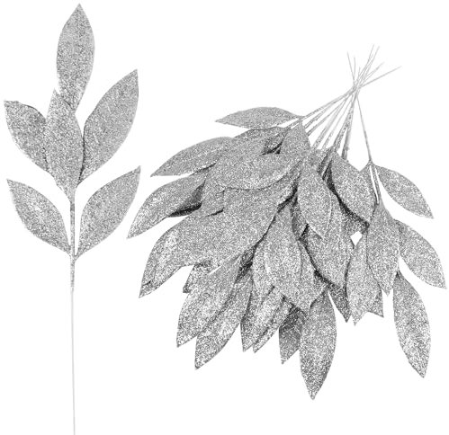 VEYLIN Christmas Glitter Bay Leaf, 12Pcs Artificial Christmas Tree Picks Sprays for Christmas Tree Wreath Floral Wedding Bouquet Decoration(Silver)