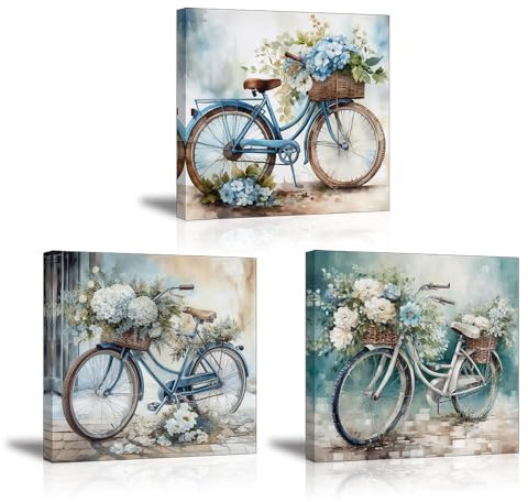 Piy Painting Lot de 3 Impression sur toile Le vélo en bleu Toile Tableaux Peinture sur Toile Élégant Tableau Decoration Murale Tableau avec Cadre Intérieur pour Salon, Bar, Bureau 30x30cm