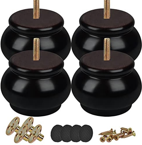 Btowin 2.4 Inch / 6cm Solid Wood Furniture Legs, 4Pcs Black Round Gourd Wooden Bun Feet with Threaded M8 Hanger Bolts & Mounting Plate & Screws for Sofa Couch Cabinet Chair Ottoman