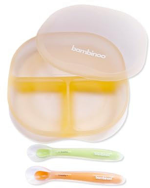 Bambinoo® Coffret Repas Bébé en Silicone sans BPA avec Ventouse - Assiette Et Cuillères Ergonomiques - Compatible Lave-Vaisselle et Micro-Onde - Idéal pour les Premiers Repas