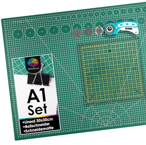 OfficeTree Schneidematte Set A1 90x60 + Rollschneider + Patchwork Lineal 30x30 cm - Schneidematte A1 Selbstheilend - Schneiderlineal Schneiderunterlage und Rollschneider Set - Schneidunterlage nähen