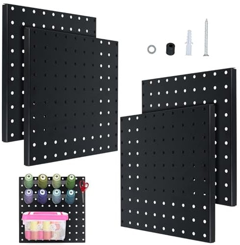 4pcs Panneau Perforé Mural, Panneaux Perforés en Métal Noir Panneau Mural Organisateur de Bureau Robuste Grand pour Murs de Cuisine Garage Organisation de la Maison Salle d'Artisanat 25x25cm