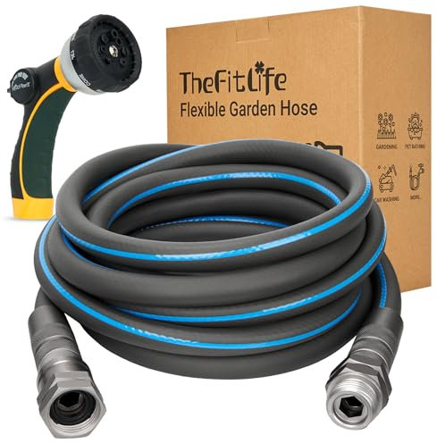 TheFitLife Garden Hose 100 FT - 100FT Flexible Water Hose with Nozzle and Metal Fittings, High Pressure 100 Feet x 1/2 Outdoor Hose for Reel Cart, Sprinkler, Easy Storage, Leak Proof (100Feet)